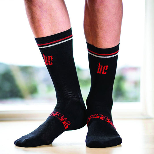 BONT ELITE SOCK BLACK WITH RED / WHITE STRIPES & RED LOGO