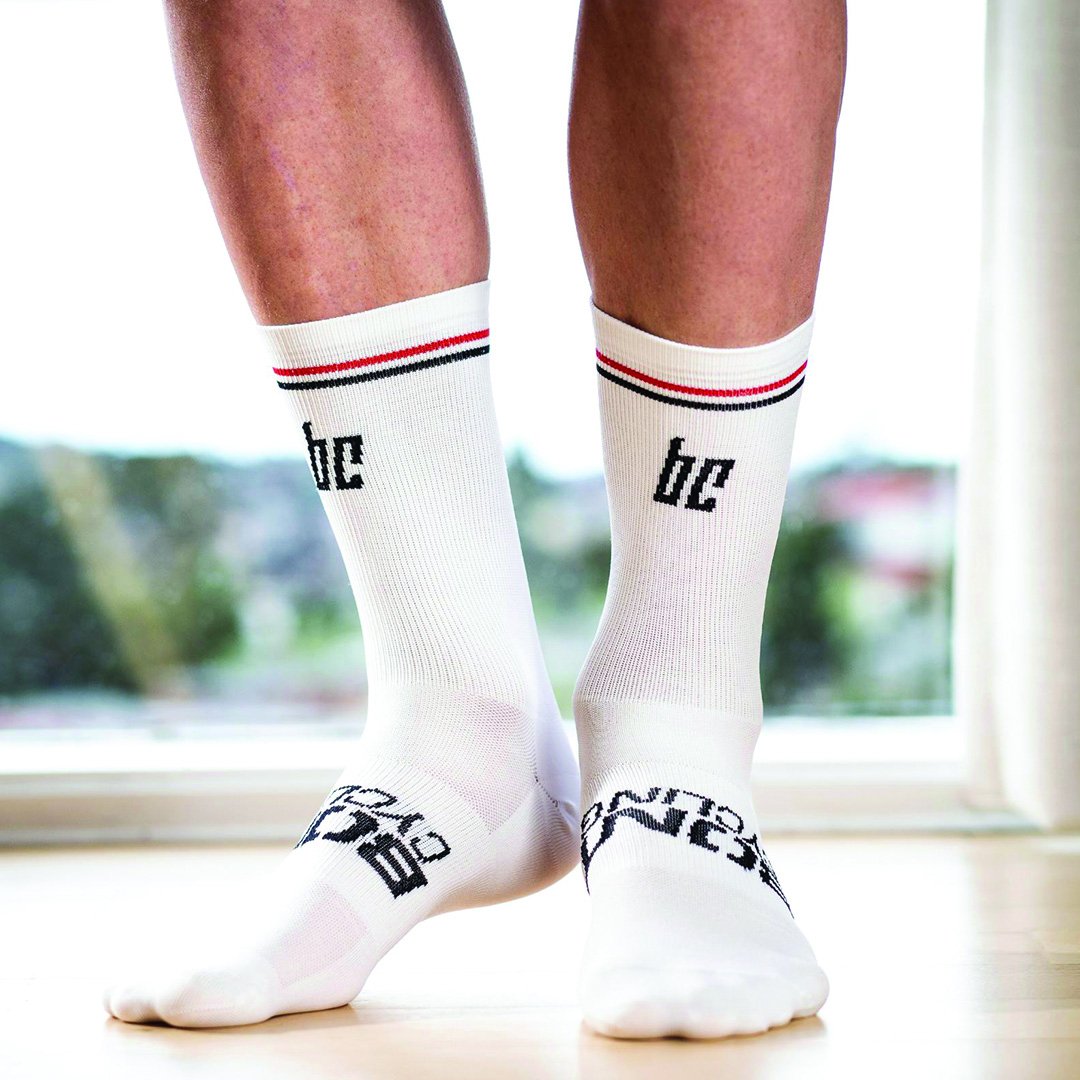 BONT ELITE SOCK WHITE WITH RED / BLACK STRIPES & RED LOGO